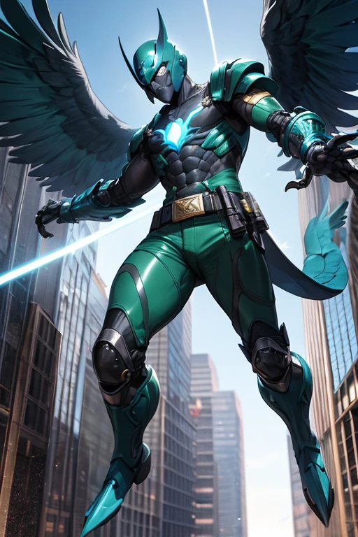 ((best quality)), ((masterpiece)), (detailed), 1 man, full body, 25 years old, masked, blue mask, blue head, uncovered mouth, biker helmet, blue helmet, parrot helmet, black neck, tall, thin, black beak, black details, a green parrot with a blue head on his side, metallic wings, wings on his arms, blue fingerless gloves, blue wristbands, luminous blue wings shooting lasers, blue suit resembling light armor, blue suit with an emblem, entirely green chest, emblem on his chest, green pants, deployable bird tail, metallic feathers, gray knee pads, metallic gray boots, metallic bird claws, black superhero belt, flying through the city, midday city background, anime
