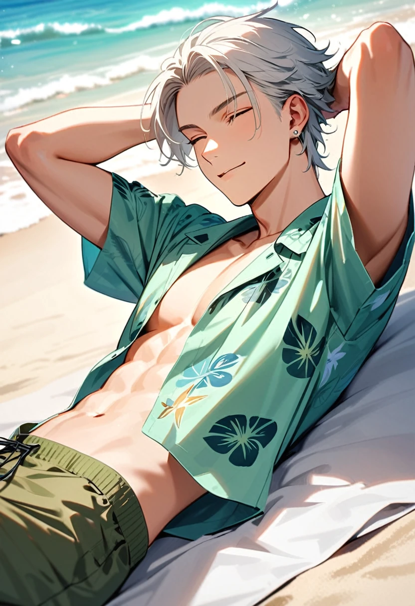 A man, 19-years-old, solo, Caucasian, masculine face, short tousled white hair, eyes closed, relaxed facial expression, light pale green Hawaiian shirt, short sleeves, khaki shorts, small silver earrings, beach, lying on a towel, hands behind head