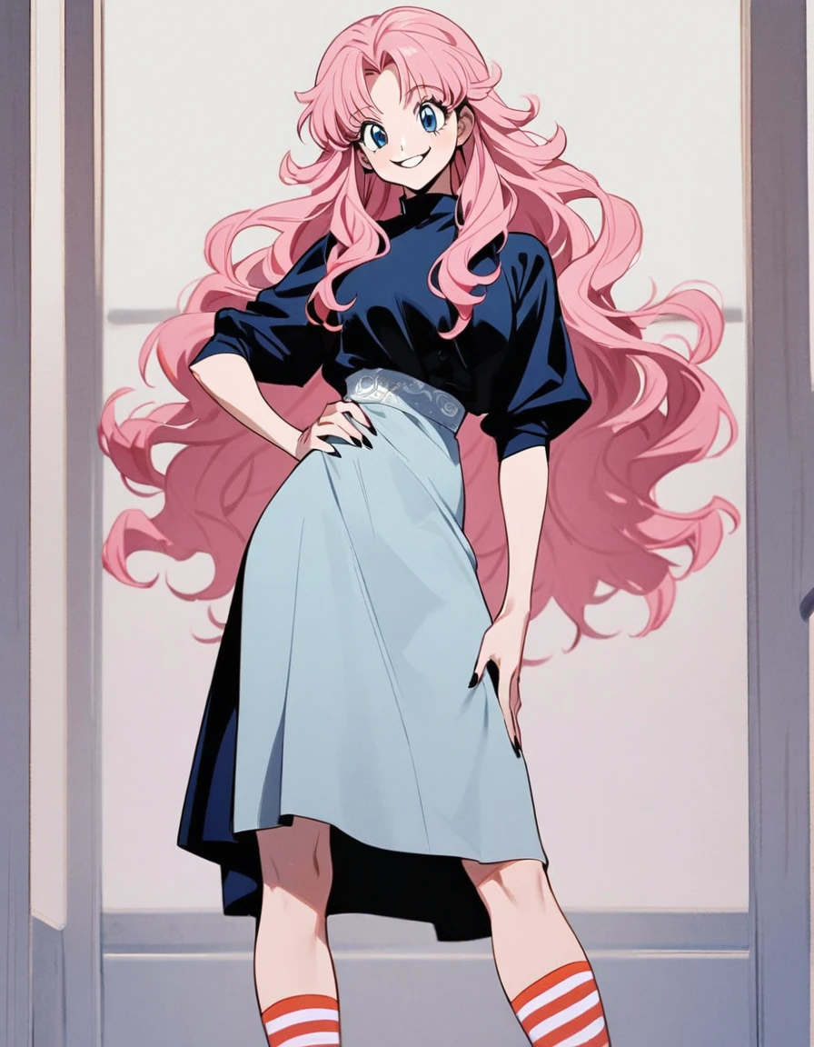 1 woman in the style of Hunter x Hunter, pink  hair, long wavy hair, hair with blue tips, light blue eyes, short black dress with white embroidery,striped sock, Grinning, hand on the waist 