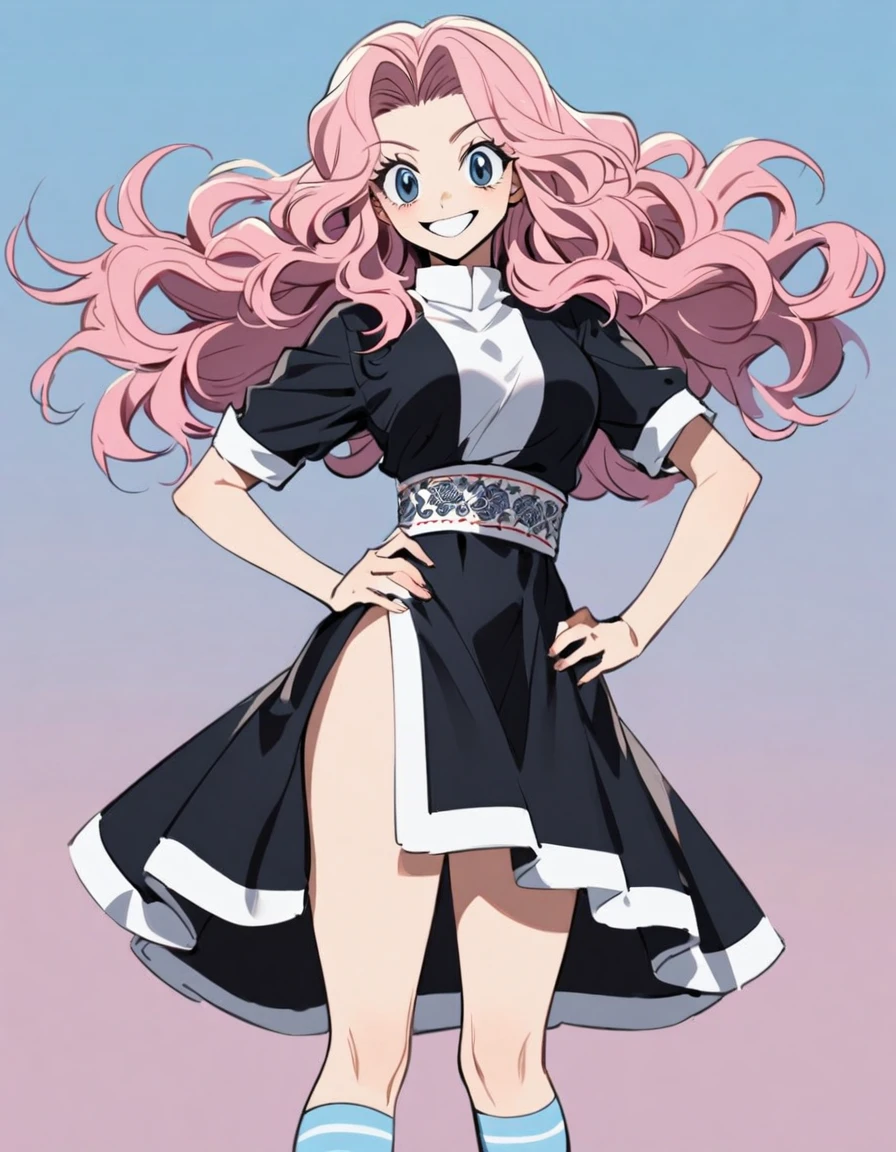 1 woman in the style of Hunter x Hunter, pink hair, long wavy hair, hair with blue tips, light blue eyes, short black dress with white embroidery,striped sock, Grinning, hand on the waist