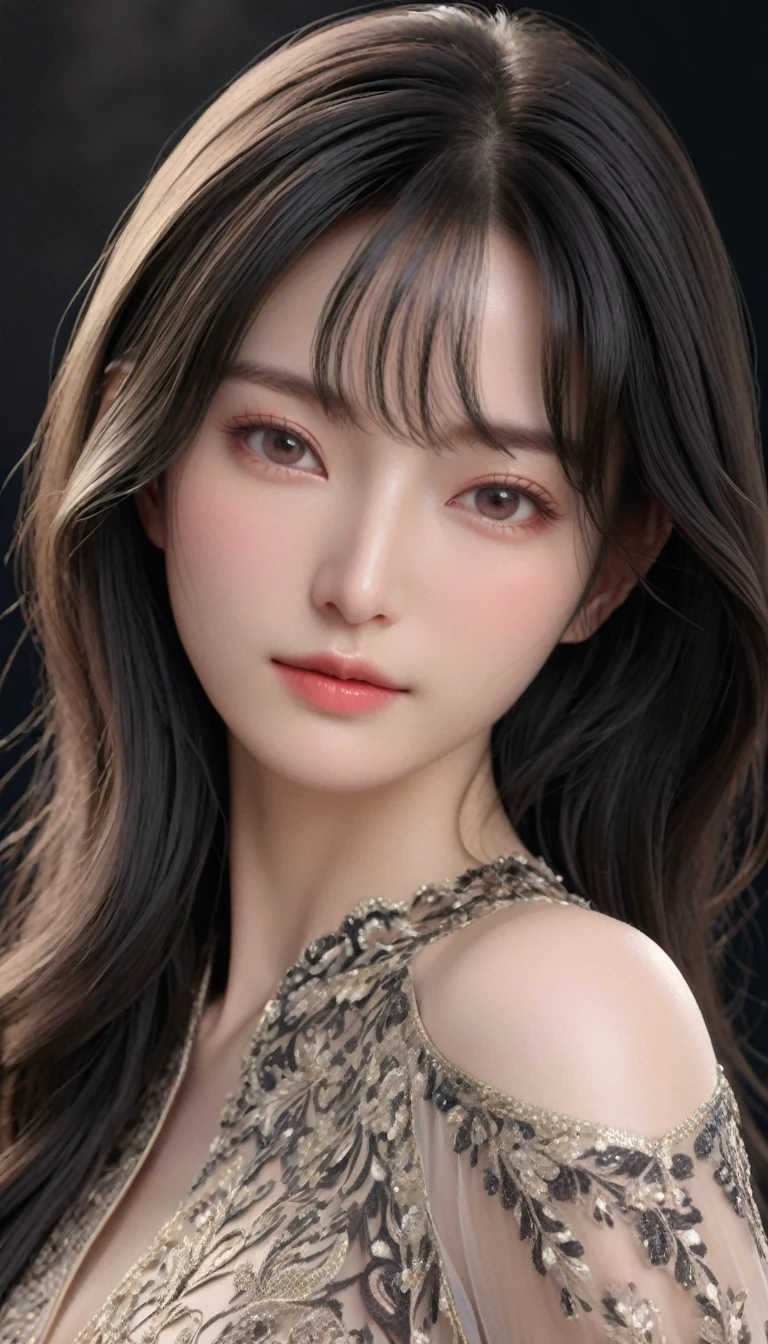 ((最大16K解像度のmasterpiece:1.6)),beautiful,Highest quality,Absolutely wonderful,Very detailed,Ultra-high resolution,masterpiece,Realistic,Realistic,Increased depth of field,Cinematic Light,
One elegant mature woman, Long black hair,beautiful顔,Very detailedな顔の表現,Face with a gentle expression,Transparent white skin,Very delicate skin texture,Great proportions,Anatomically correct body,
Elegant high slit dress,Gorgeous colors,Gorgeous and detailed pattern,Beautifully detailed pattern,Detailed cloth texture,
Black Background,
(Focus on the face:1.5),Face close up,