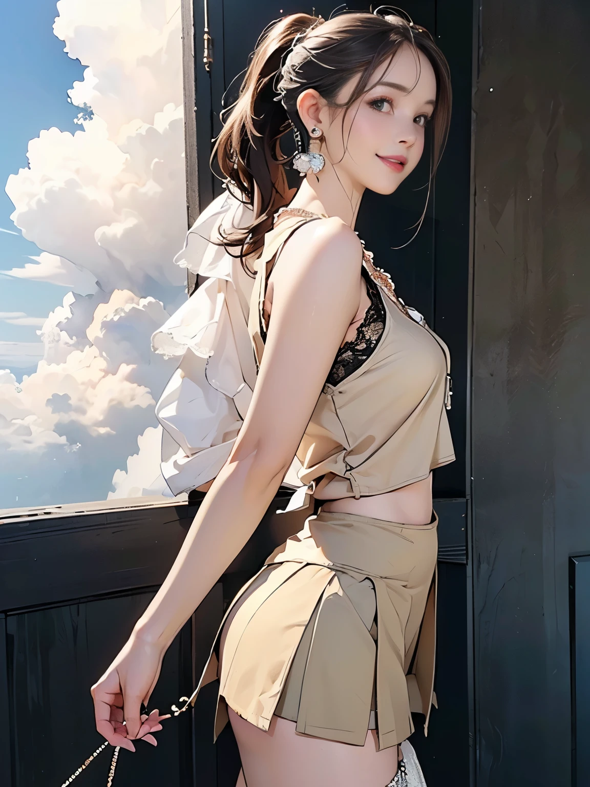 ((((Highest quality))))、(((Ultra-precision CG16K wallpaper)))、(((masterpiece)))、(((Super detailed)))、(((Extreme detail)))、((1Mature 29 year old woman:1.6))、((Very beautiful Japan face of a person))、((Urizane Face:1.8))、((Ponytail Straight Medium Hair:1.6))、(Shiny Hair)、A delicately drawn beautiful face、(Dark Eyes、Reflected light from the eye)、double eyelid、High nose、Small nostrils、Small Mouth、Seductive lips、Beautiful breasts、((C cup size breasts))、Cleavage、Small belly button、Delicate nails、Beautiful feet、Thin thighs、eight-headed body、Perfect proportions、Perfect Anatomy、Perfect composition、Beautiful detailed shading、Beautiful, natural lighting、Beautiful detail glow、Depth of written boundary、(((High chroma)))、(((Real:1.9)))、((vivid:1.5))、((Beautiful Skin))、((Skin Texture))、((Realな皮膚感))、(((Cowboy Shot:1.6)))、(((side view、shoot from side、side hight angle、From the perspective of the boyfriend walking together:1.6)))、(((smile:1.6)))、(((looking at camera:1.6)))、Bright daylight、Natural light、(((background_Uninhabited downtown、Sky and Clouds:1.5)))、(Walking pose:1.6)、(((Dark beige lace tank top&Low-rise pleated mini skirt:1.6)))、((necklace、Wearing earrings:1.5))、((Lace Stockings Clothed))、