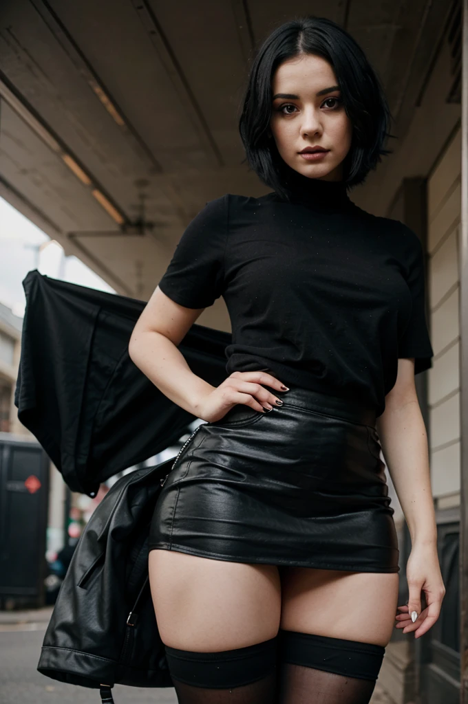Goth with short black hair and a big ass with a tight black mini skirt