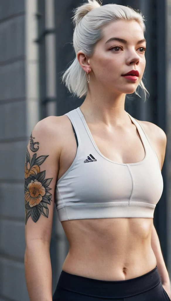 Full-length hyperrealistic photograph of a beautiful woman,model Anya Taylor-Joy, 33 years old, athletic body with cute tatoo, tatooed, full body, large view, sportwear, top sport, very light white grey hair, ((light and bright brown eyes)), small earring in right ear, very long eyelashes, sensual lips, provocative and expression. Medium breasts,, masterpeace, full realitic, sexy pose, perfect proportion. Medium breast.background: in fitness park, natural light, sunlight
