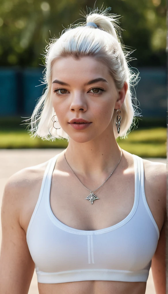 Full-length hyperrealistic photograph of a beautiful woman,model Anya Taylor-Joy, 33 years old, athletic body with cute tatoo, tatooed, full body, large view, sportwear, top sport, very light white grey hair, ((light and bright brown eyes)), small earring in right ear, very long eyelashes, sensual lips, provocative and expression. Medium breasts,, masterpeace, full realitic, sexy pose, perfect proportion. Medium breast.background: in fitness park, natural light, sunlight