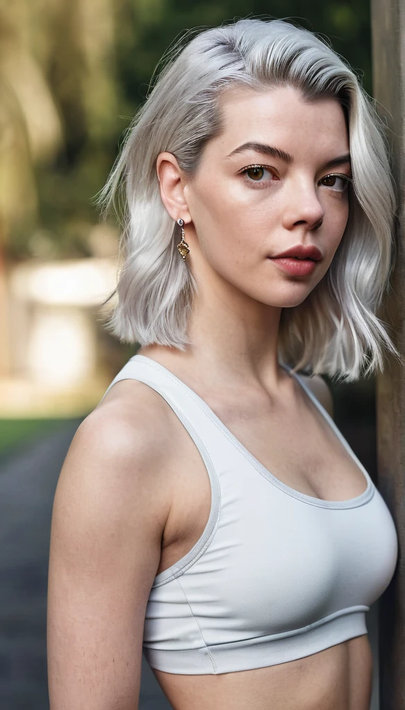 Full-length hyperrealistic photograph of a beautiful woman,model Anya Taylor-Joy, 33 years old, athletic body with cute tatoo, tatooed, full body, large view, sportwear, top sport, very light white grey hair, ((light and bright brown eyes)), small earring in right ear, very long eyelashes, sensual lips, provocative and expression. Medium breasts,, masterpeace, full realitic, sexy pose, perfect proportion. Medium breast.background: in fitness park, natural light, sunlight