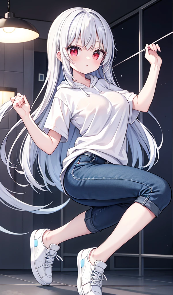 1older sister、Silver straight hair、Red Eyes、のolder sister、Sharp Eyes、White and blue hoodie jumper、Black jeans、Black sneakers、Have acrobatic movements、Under her jersey she wears a white T-shirt that reveals her very large breasts.、ボン・キュッ・ボンの身体突きをしたolder sister、The body is slightly twisted.