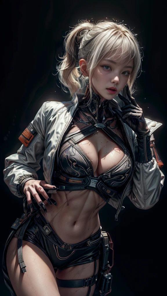 nsfw、Very beautiful woman、Slender women、(Detailed face)、Realistic Skin、((Delicate photo)),(Girl Masterpiece RAW Photo Details:1.25), (Highest quality:1.6), (Ultra-high resolution:1.5), (Realistic:1.75), 8K resolution, Canon EOS R5, 50mm, Absurd, Ultra-detailed,Cinema Lighting、One girl, 白hair,((hime_cut))、Smile、 Window Shades,((White jacket)), Chest Rig, cyber punk, ((Techwear)),I can see your abs、Bra Top、((Big Breasts))、((The abdomen is visible))