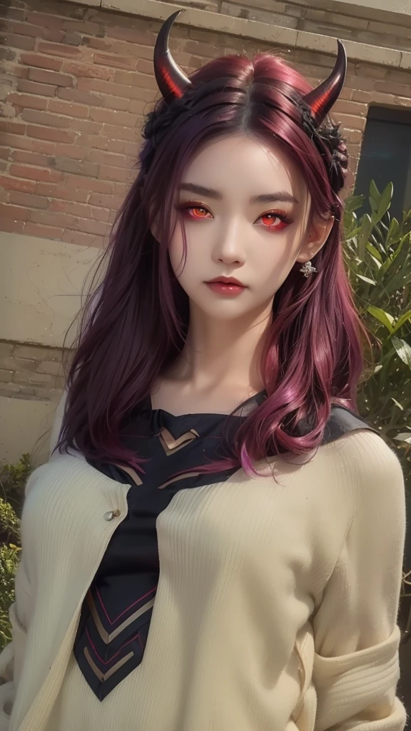 a close up of a woman with horns and a purple hair, (red eyes:1.5) , dark piercing eyes, devious evil expression, character close up, piercing gaze, ( ( deep black eyes ) ), cat - like scarlet eyes, cruel korean goth girl, with long hair and piercing eyes, close up character, glowing ember eyes, character close-up