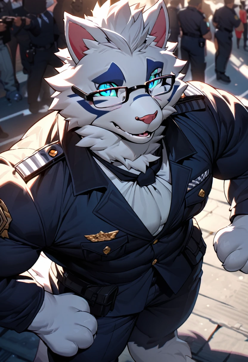 highres, paid reward available, unparalleled masterpiece, street(highly detailed beautiful face and eyes)absurdres, perfect anatomy, good lighting, volumetric lighting, cinematic shadow(angelic handsome 1boy, kemono, solo focus, single, muscle man, beard, dignified, Laugh wildly, glasses)(furry anthro:1.7)(Furry body, dog facial features, dog body features)(very detailed body fur)dynamic pose, ((police officer, black police uniform))muscle, facial hair, shirt,