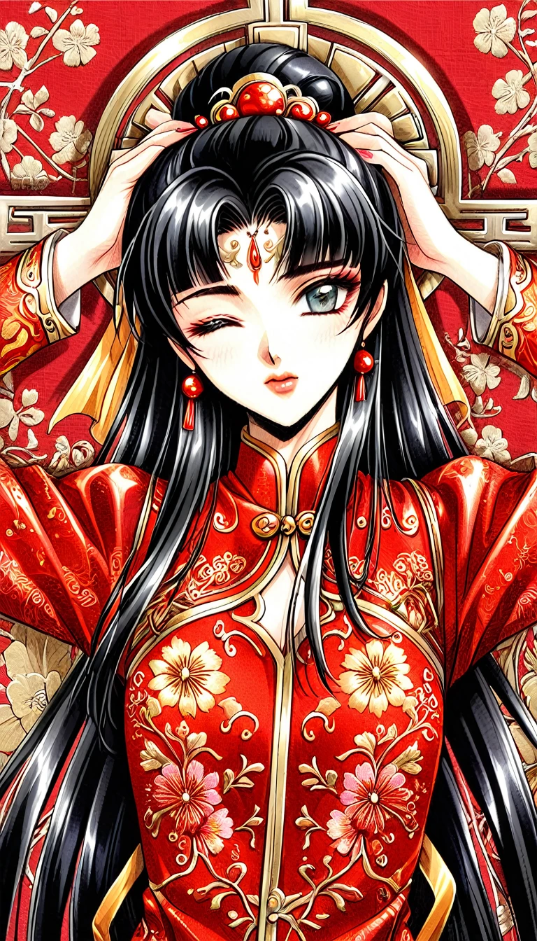 Beautiful  Chinese Kung Fu girl princess with short black hair　Gorgeous embroidery, Ultra glossy, She is wearing shiny red long sleeve floral pajamas....　She is crucified with her eyes closed