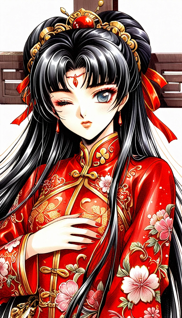 Beautiful  Chinese Kung Fu girl princess with short black hair　Gorgeous embroidery, Ultra glossy, She is wearing shiny red long sleeve floral pajamas....　She is crucified with her eyes closed