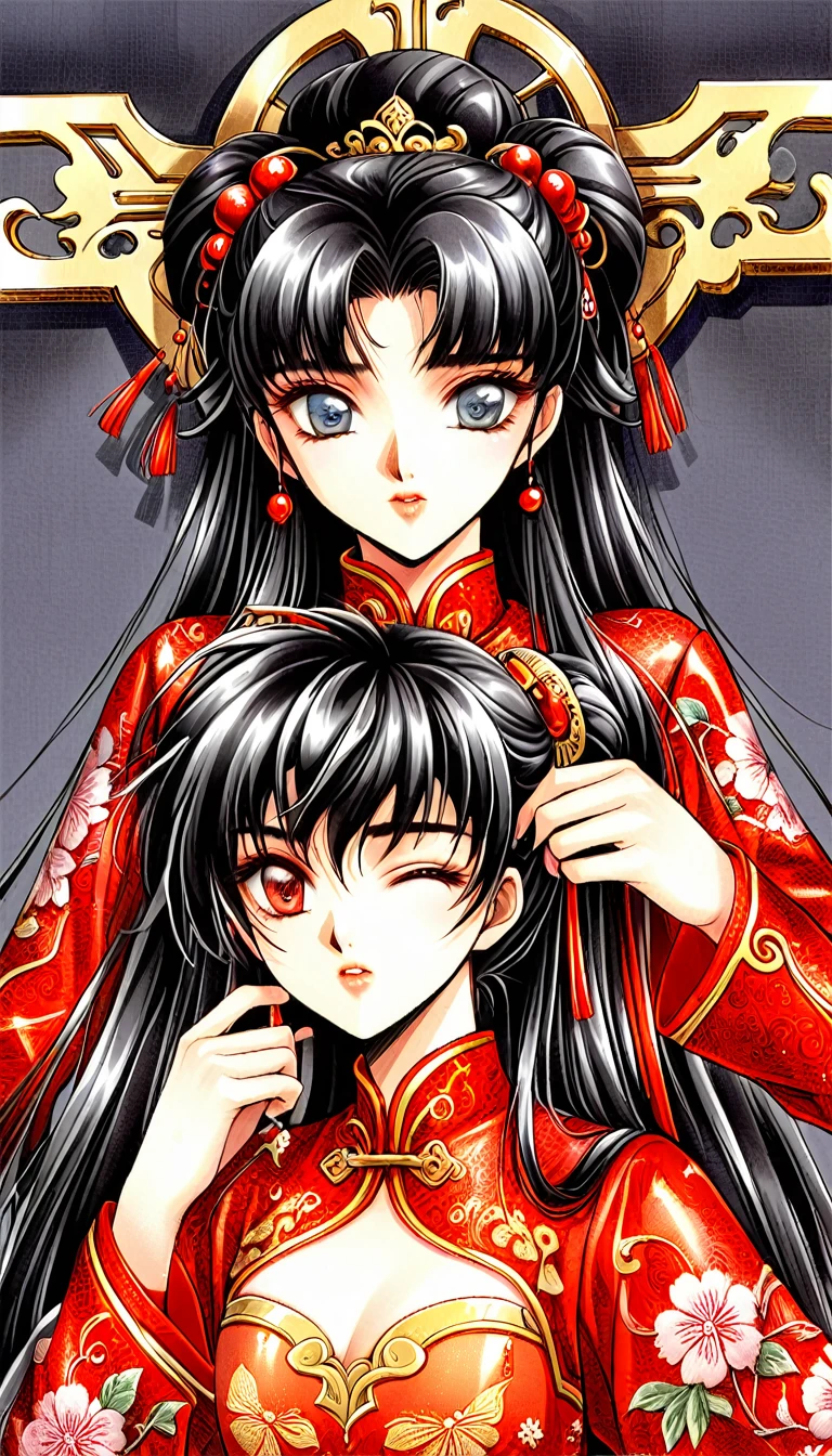 Beautiful 15 year old Chinese Kung Fu girl princess with short black hair　Gorgeous embroidery, Ultra glossy, She is wearing shiny red long sleeve floral pajamas....　She is crucified with her eyes closed