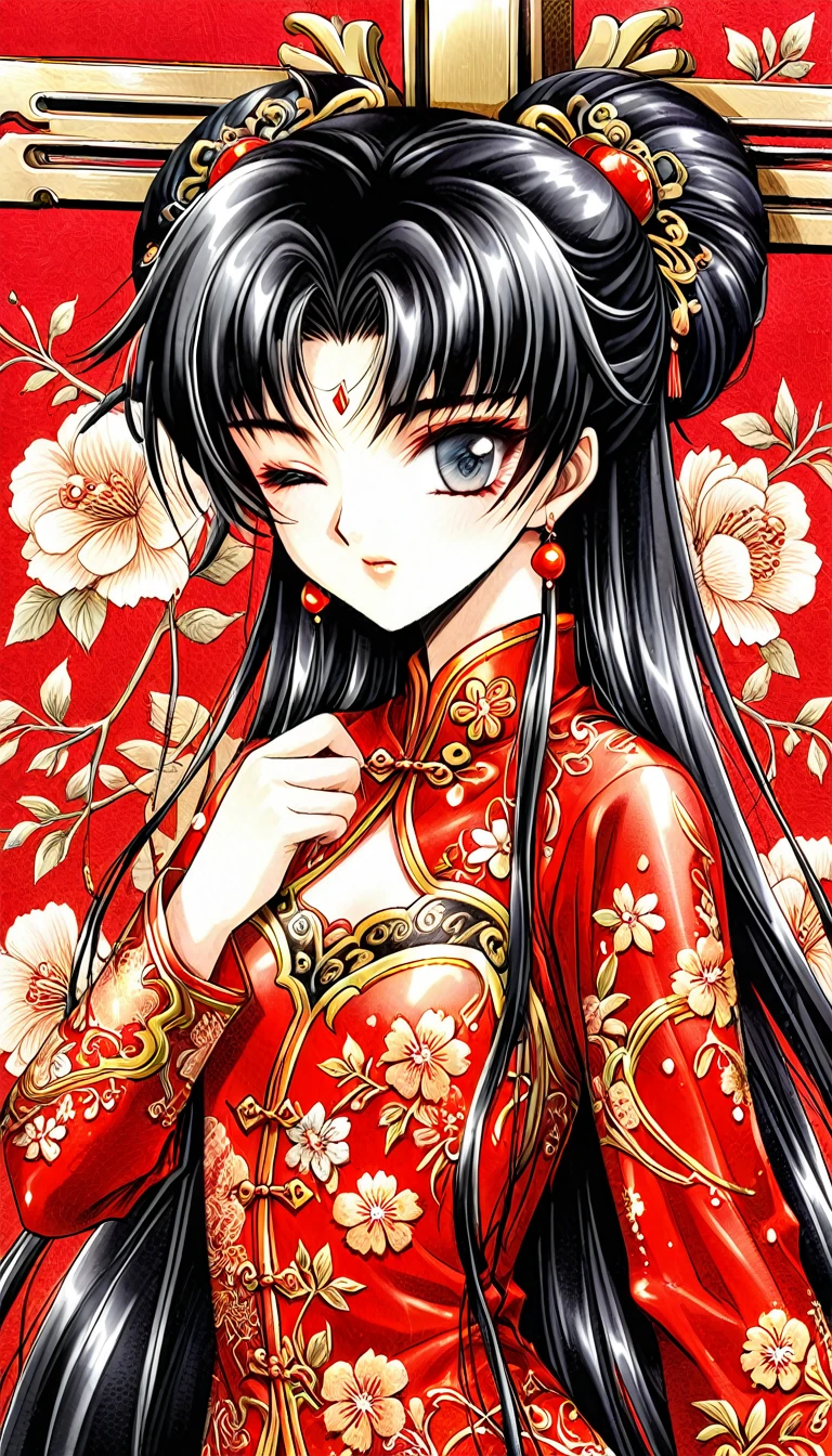 Beautiful  Chinese Kung Fu girl princess with short black hair　Gorgeous embroidery, Ultra glossy, She is wearing shiny red long sleeve floral pajamas....　She is crucified with her eyes closed