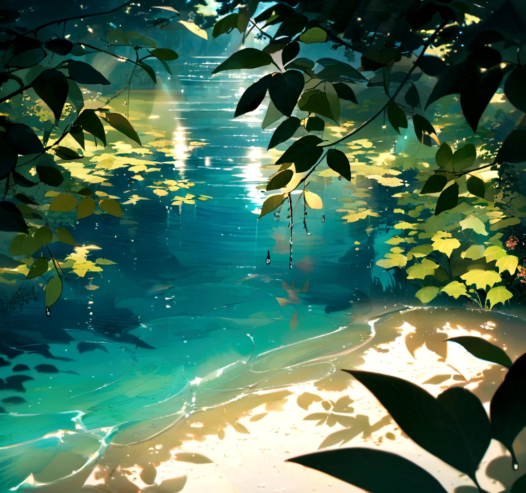 Sunbeams pass through water drops, forming small rainbows over the surface of the lake. Tree leaves create dancing shadows that blend with reflections.