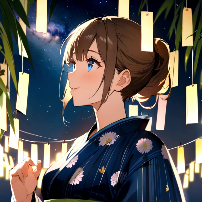 Highest quality, masterpiece, The girl who grants Wishes,blonde,blue eyes,Double exposure, The best smile, Looking up at the sky, yukata, milky way, Night view, Tanabata Festival, 大きなbambooと色とりどりの吊り飾り,Golden light particle effect、Events in Japan、Tanabata decoration、bamboo、Wish、ponytail、Brown Hair、blue eyes