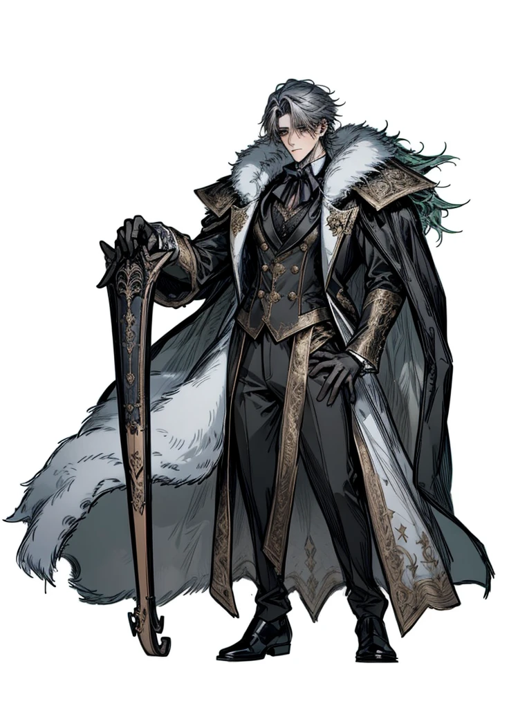 1boy, male face, handsome, mysterious, legendary hero, nice clothes, (high resolution, high detail, best quality), fur cape, shotgun, butler costume