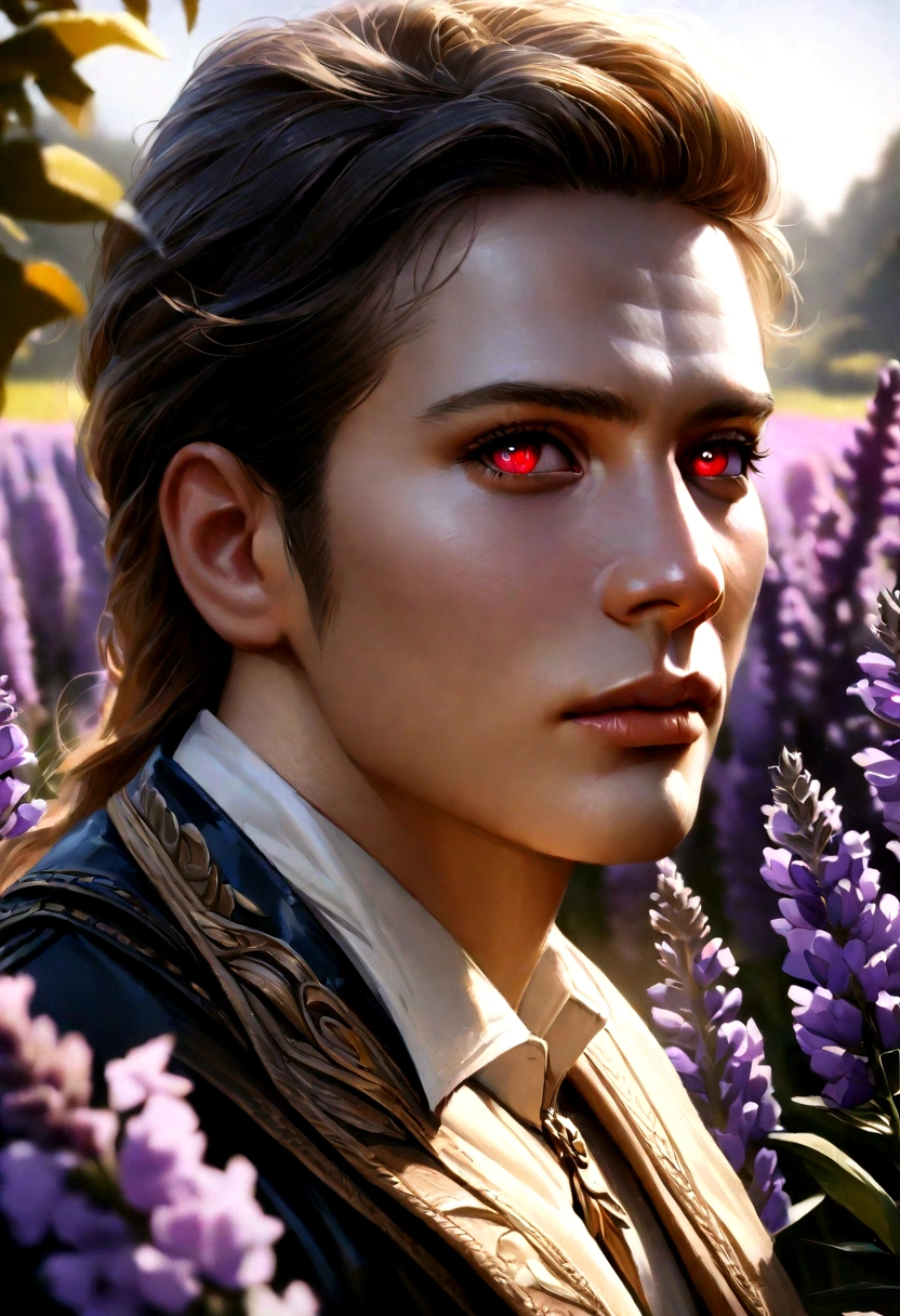 A man with blonde hair and red eyes, in a lavender field with flowers, (best quality,4k,8k,highres,masterpiece:1.2),ultra-detailed,(realistic,photorealistic,photo-realistic:1.37),1 man,genshin impact,fantasy,portrait,dramatic lighting,cinematic,dramatic pose,moody,chiaroscuro,vibrant colors,highly detailed face,detailed eyes,detailed hair,lavender flowers,lush environment,dramatic sky
