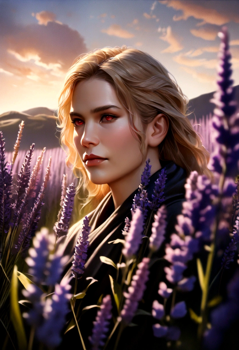 A man with blonde hair and red eyes, in a lavender field with flowers, (best quality,4k,8k,highres,masterpiece:1.2),ultra-detailed,(realistic,photorealistic,photo-realistic:1.37),1 man,genshin impact,fantasy,portrait,dramatic lighting,cinematic,dramatic pose,moody,chiaroscuro,vibrant colors,highly detailed face,detailed eyes,detailed hair,lavender flowers,lush environment,dramatic sky