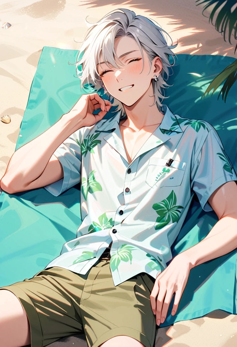 A man, 19-years-old, solo, Caucasian, masculine face, short tousled white hair, eyes closed, relaxed facial expression, light pale green Hawaiian shirt, short sleeves, khaki shorts, small silver earrings, beach, lying on a towel
