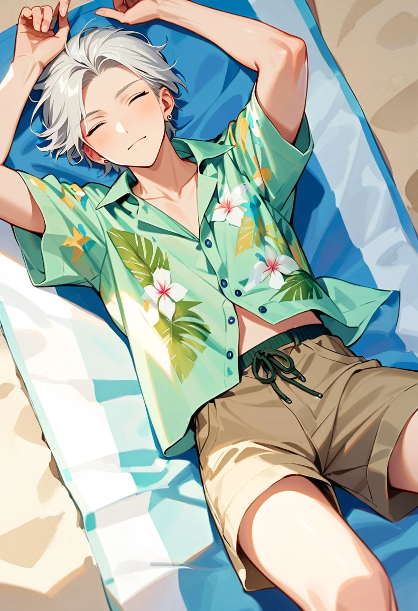 A man, 19-years-old, solo, Caucasian, masculine face, short tousled white hair, eyes closed, relaxed facial expression, light pale green Hawaiian shirt, short sleeves, khaki shorts, small silver earrings, beach, lying on a towel