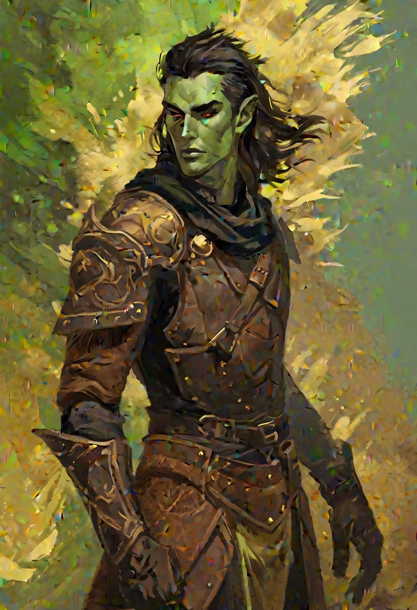 digitalpainting, pictorial \(styled\), male rogue from the Elder Scrolls series, trunk, General plan, short dark hair, gold eyes, Light green skin, brown leather armor, black clothing, Dynamic shading, expressive brushstrokes, oil on canvas, extremely detaild, light and dark colors