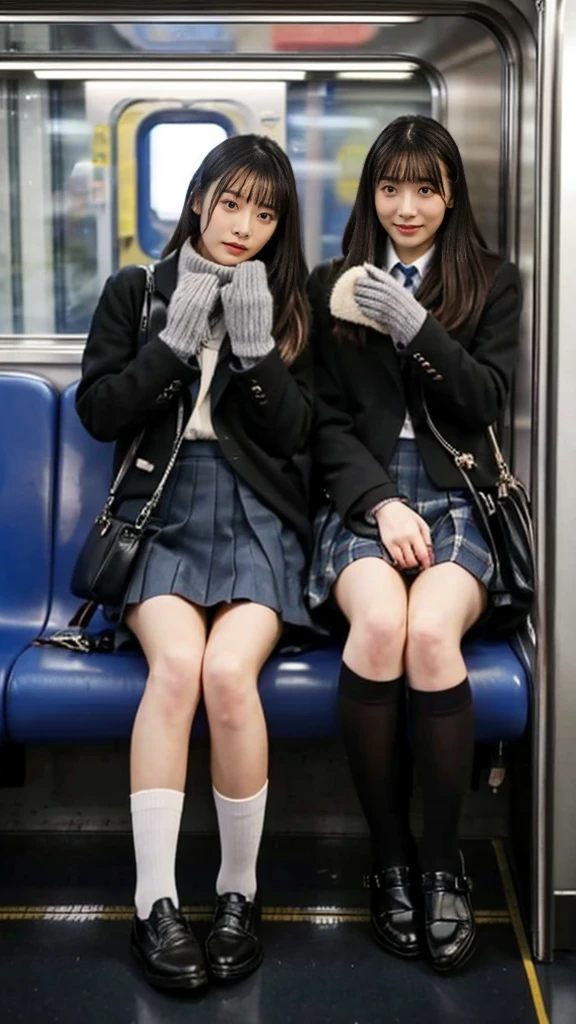 A photo of two adult Japanese high school students wearing leather shoes, duffle coats, and shiny thin black leather gloves.,Inside the train,Voyeur,Thick makeup face,Highly detailed face, Both of them have beautiful legs crossed,The person is making a disgusted face at the photographer..Smelly socks,Girls wearing leather gloves with hands ,Ultra mini skirt,lol,School Bags,This photo was taken in daylight with soft lighting...、The girls are sitting on train seats.。. This photo was taken by someone on their cell phone...、Apparently it was posted on Snapchat..。. 