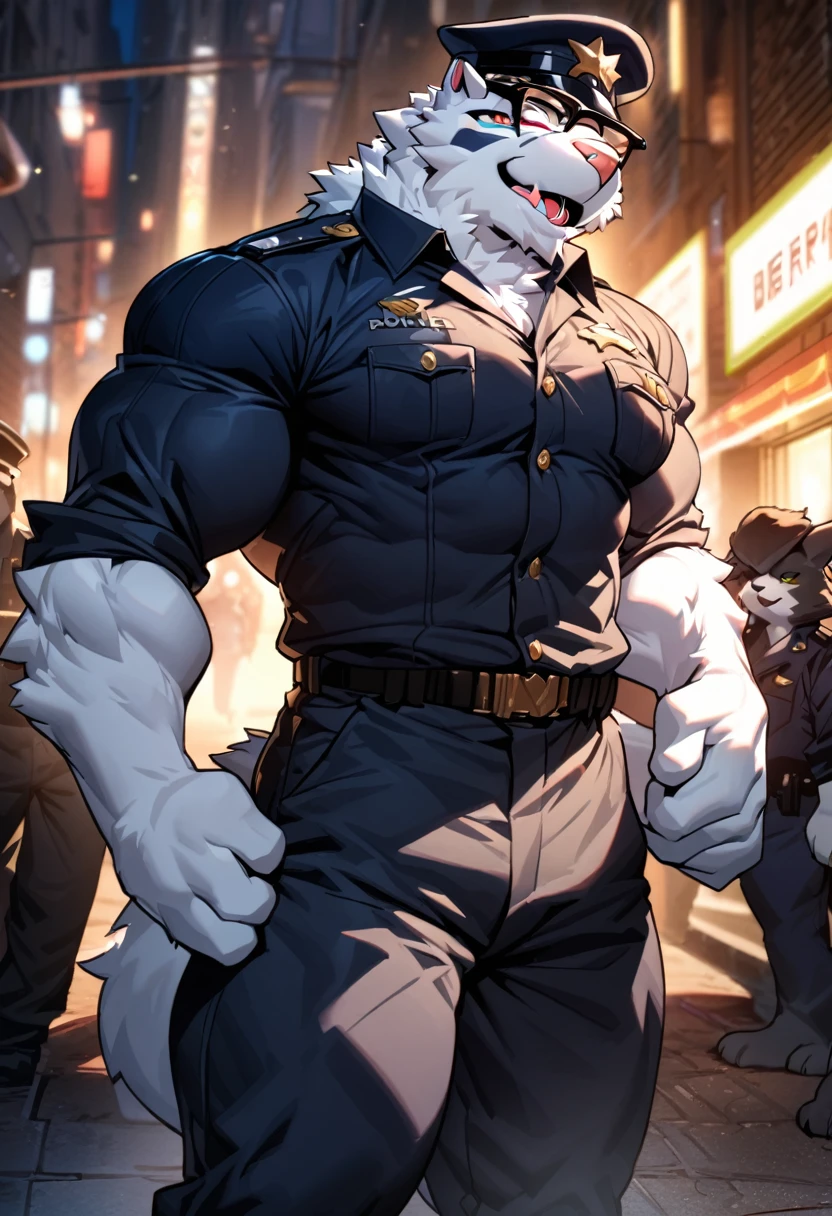 (masterpiece),(highres),(intricate details:1.4),extremely detailed,(illustration:1.2),8k,photorealistic,exquisite,(daddy:1.5),aged,(elder male wolf:1.7),muscular,(brave and powerful:1.5),manhood,warrior,long hair,long beard,(numerous scars),(bulging crotch:1.8),(homosexual:1.5),(roaring:1.5),(a uniform that fits snugly against the body:1.6),(be soaked to the skin:1.6)