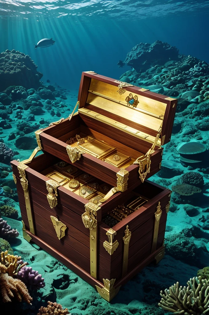 horizontal painting of the seabed with a pirate chest with jewels and gold, the chest slightly illuminates the sea
