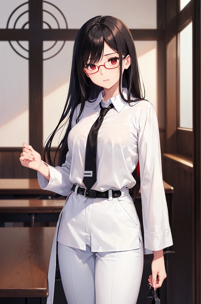 (masterpiece; best quality: 1.2), (finely detailed eyes: 1.3), ((25 year old woman)), ((solo)), (red eyes: 1.4), (body; gorgeous, soft, femenine: 1.3), (silky black hair + low ponytail: 1.3), (beautiful and clear background: 1.2), ((depth of field)), (equipment: white open labcoat + black shirt + white necktie + black long pencil skirt + black pantyhose + black square glasses: 1.3), (anime illustration: 1.2), (background composition; japanese highschool classroom + furniture: 1.1), (extremely fine and beautiful: 1.1), (shot composition; standing + centered on torso + close-up: 1.5), (expression; calm, stoic: 1.2)