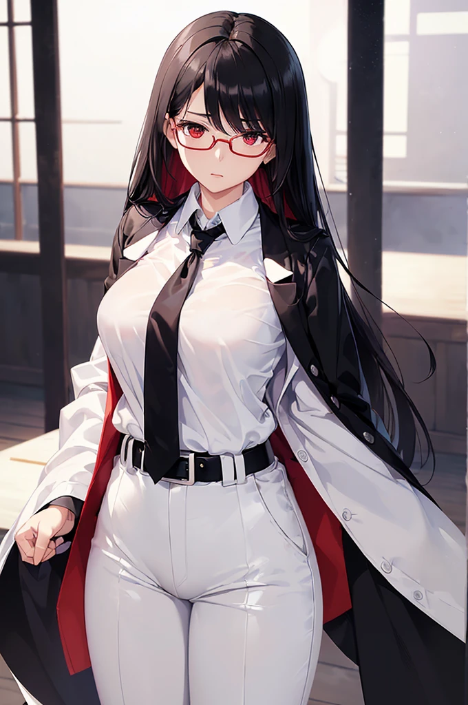 (masterpiece; best quality: 1.2), (finely detailed eyes: 1.3), ((25 year old woman)), ((solo)), (red eyes: 1.4), (body; gorgeous, luscious, femenine: 1.3), (silky black hair: 1.3), (beautiful and clear background: 1.2), ((depth of field)), (equipment: white unbuttoned labcoat + black shirt + white necktie + white pants + black belt + black square glasses: 1.3), (anime illustration: 1.2), (background composition; japanese highschool classroom + furniture: 1.1), (extremely fine and beautiful: 1.1), (shot composition; standing + centered on torso + close-up: 1.5), (expression; calm, stoic: 1.2)