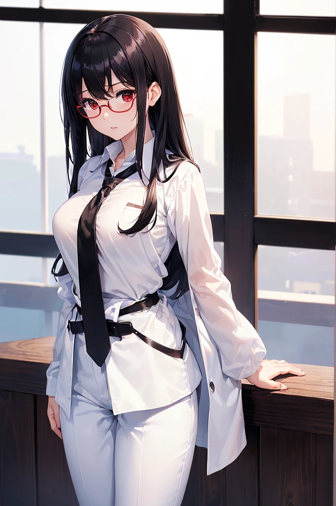 (masterpiece; best quality: 1.2), (finely detailed eyes: 1.3), ((25 year old woman)), ((solo)), (red eyes: 1.4), (body; gorgeous, luscious, femenine: 1.3), (silky black hair: 1.3), (beautiful and clear background: 1.2), ((depth of field)), (equipment: white unbuttoned labcoat + black shirt + white necktie + white pants + black belt + black square glasses: 1.3), (anime illustration: 1.2), (background composition; japanese highschool classroom + furniture: 1.1), (extremely fine and beautiful: 1.1), (shot composition; standing + centered on torso + close-up: 1.5), (expression; calm, stoic: 1.2)