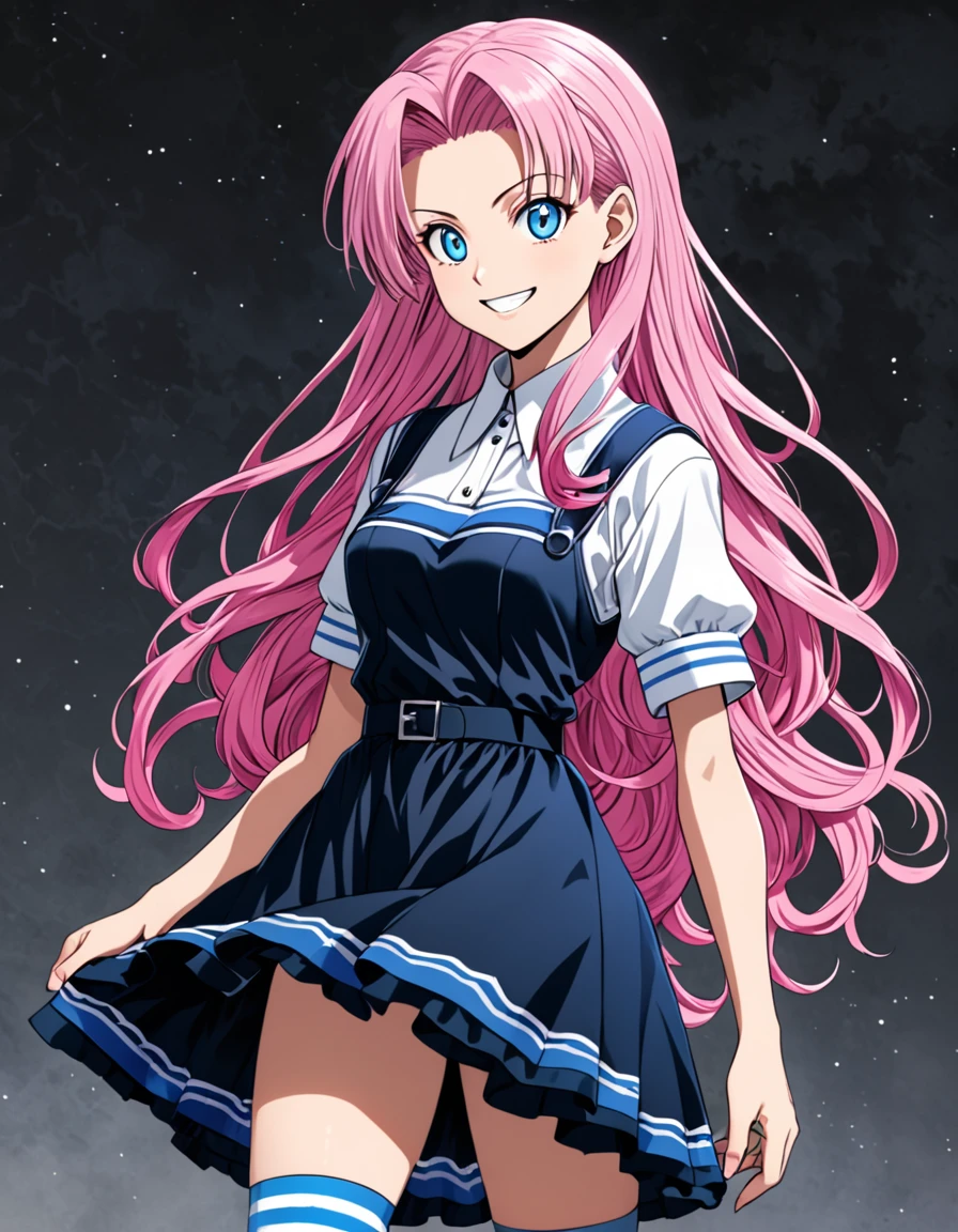 1 woman in the style of Hunter x Hunter, pink hair, long wavy hair, hair with blue tips, light blue eyes, short black dress with white embroidery,striped sock, Grinning, hand on the waist