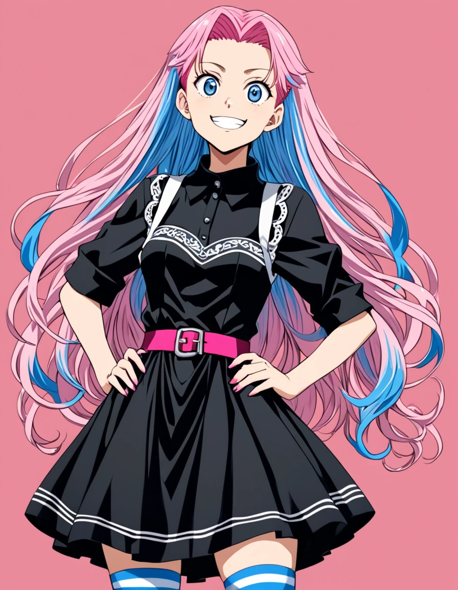 1 woman in the style of Hunter x Hunter, pink  hair, long wavy hair, hair with blue tips, light blue eyes, short black dress with white embroidery,striped sock, Grinning, hand on the waist 