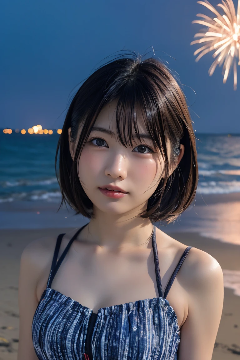 Japanese、Age 25、sister、Randomly generated people with diverse facial features and hairstyles、Perfect Anatomy,Ocean、Beach、firework、Night Sky、打ち上げfirework、目をOceanつぶる、Mature woman