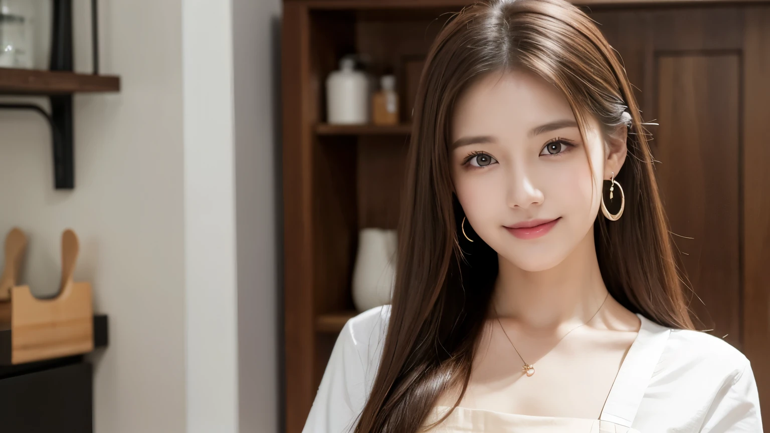 Highest quality、High resolution、8k wallpaper、Dense and beautiful eyedium hair、(Beautiful breasts:1.3)、Natural color lip、20歳のwoman、woman、Brown Hair、smile、Semi-long hair、Hair tied up、Wearing a necklace and earrings、Wearing an apron、Wearing a white T-shirt、indoor、