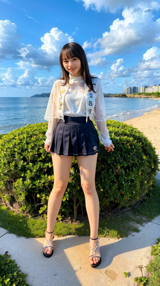 (masterpiece、Highest quality、Very detailed)、Hair color is deep dark brown、Soft Waves、
(Skin is smooth、Lightly reflects light、Healthy shine)、(The eyes are almond-shaped、eyes dark brown)、Long eyelashes、Flexible curls、Each one is clearly visible、Thin eyeliner、Natural eyelash shadow)、(Natural pink cheeks)、(Thick lips、smile)(Japanese 、Glamorous Body)、(bikini)、(Navy blue pleated mini skirt、inseam length)、(Beach、Pay attention to her whole body and facial expression)、(((Eye highlights and skin detail、Realistic details)))