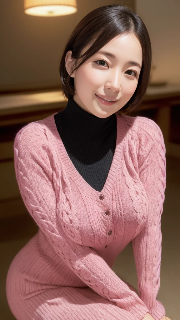 Japan woman in V-neck sweater、
(((masterpiece))), ((top-quality)), ((intricate detailes)), (((hyper realisitic)), Absurd resolution, A MILF, A MILF, Near and far law, ighly detailed, Realistic, 1girl in, ((large full breasts)), perfect hand, Detailed finger, beatiful detailed eyes, shorth hair, Black eyes, tight skirts, Detailed background,perfect eyes, mesmerizing eyes, Look at viewers, from the front side、crouching down、Photograph the whole body、A smile、Dark pink knit V-neck sweater、Knitted dresses、thighs thighs thighs thighs、Pie slash