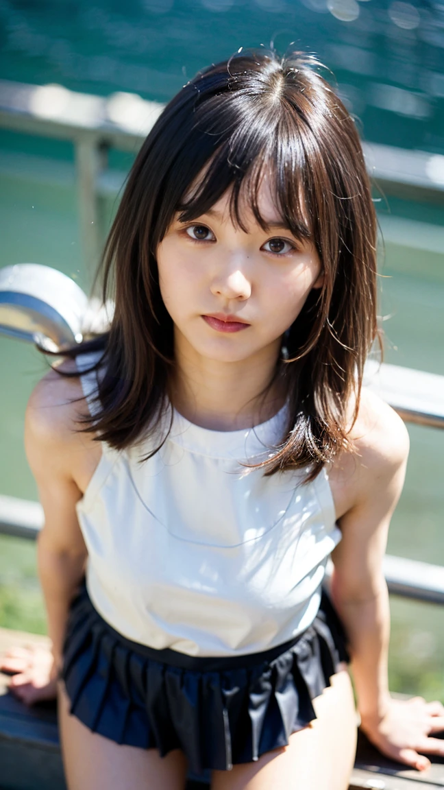 (masterpiece、Highest quality、Very detailed)、Hair color is deep dark brown、Soft Waves、
(Skin is smooth、Lightly reflects light、Healthy shine)、(The eyes are almond-shaped、eyes dark brown)、Long eyelashes、Flexible curls、Each one is clearly visible、Thin eyeliner、Natural eyelash shadow)、(Natural pink cheeks)、(Thick lips、smile)(Japanese 、Glamorous Body)、(bikini)、(Navy blue pleated mini skirt、inseam length)、(Beach、Pay attention to her whole body and facial expression)、(((Eye highlights and skin detail、Realistic details)))