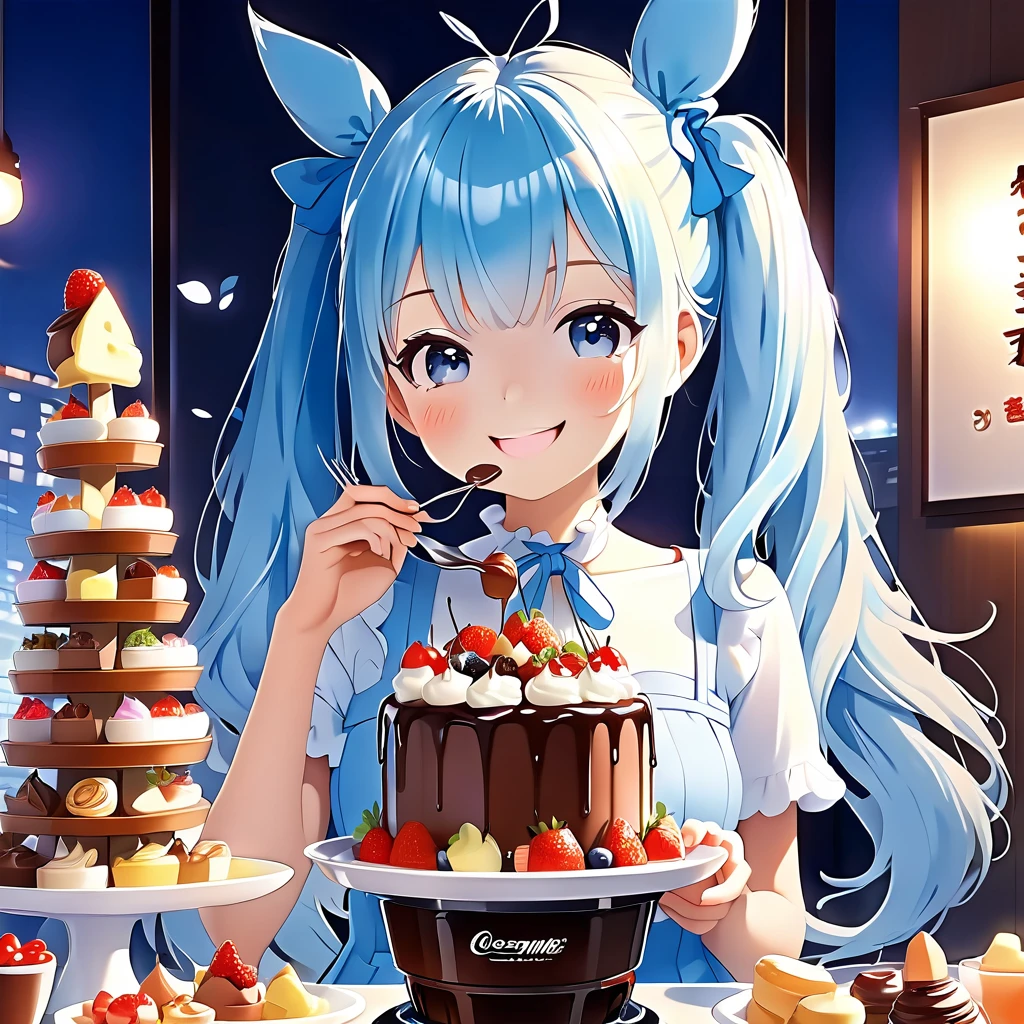 Light blue long hair、Beautiful girl with twin tails、Enjoying a large chocolate fondue tower、Bright smile