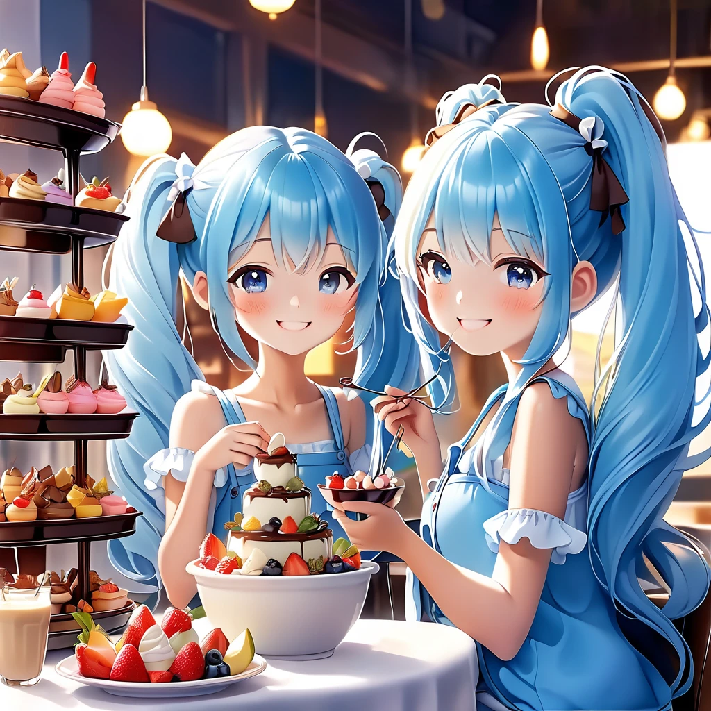 Light blue long hair、Beautiful girl with twin tails、Enjoying a large chocolate fondue tower、Bright smile