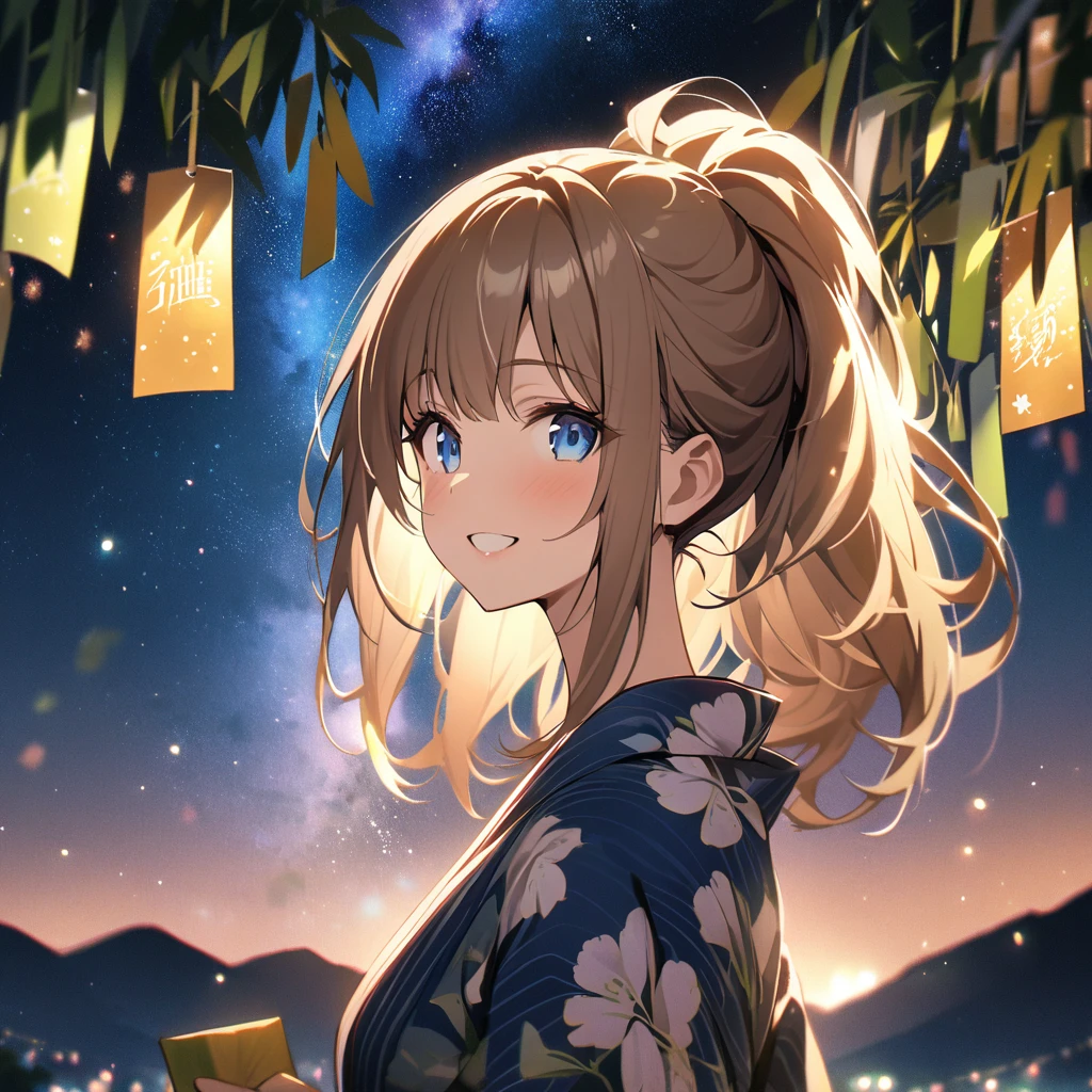 Highest quality, masterpiece, The girl who grants Wishes,blonde,blue eyes,Double exposure, The best smile, Looking up at the sky, yukata, milky way, Night view, Tanabata Festival, 大きなbambooと色とりどりの吊り飾り,Golden light particle effect、Events in Japan、Tanabata decoration、bamboo、Wish、ponytail、Brown Hair、blue eyes