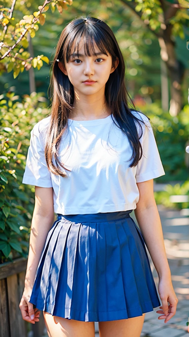 （masterpiece、Highest quality、Very detailed)、Hair color is deep dark brown、Soft Waves、
（Skin is smooth、Lightly reflects light、Healthy shine）、（The eyes are almond-shaped、eyes dark brown）、Long eyelashes、Flexible curls、Each one is clearly visible、Thin eyeliner、Natural eyelash shadow）、（Natural pink cheeks）、（Thick lips、smile）（Japanese 、Glamorous Body）、（bikini）、（Navy blue pleated mini skirt、inseam length）、（Beach、Pay attention to her whole body and facial expression）、（((Eye highlights and skin detail、Realistic details))）