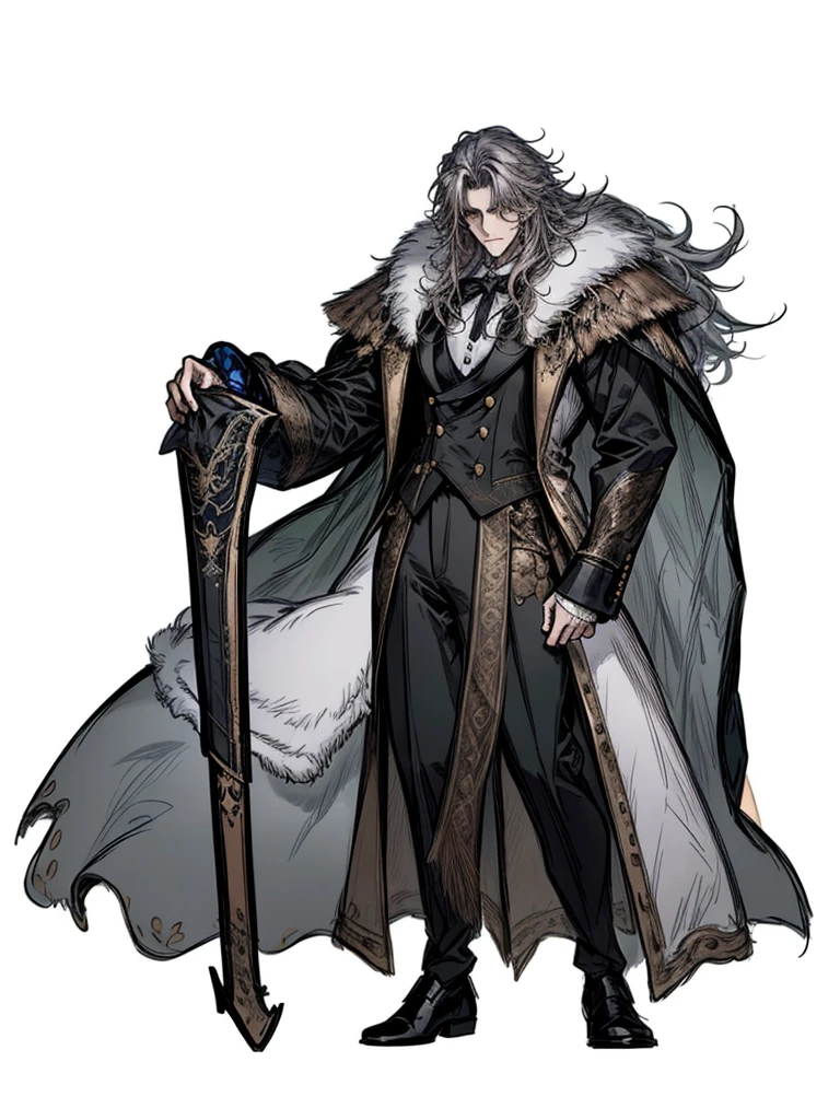 1boy, griz hair, long hair, masculine face, handsome, mysterious, legendary hero, beautiful clothes, (high resolution, high detail, best quality), fur cape, shotgun, butler outfit