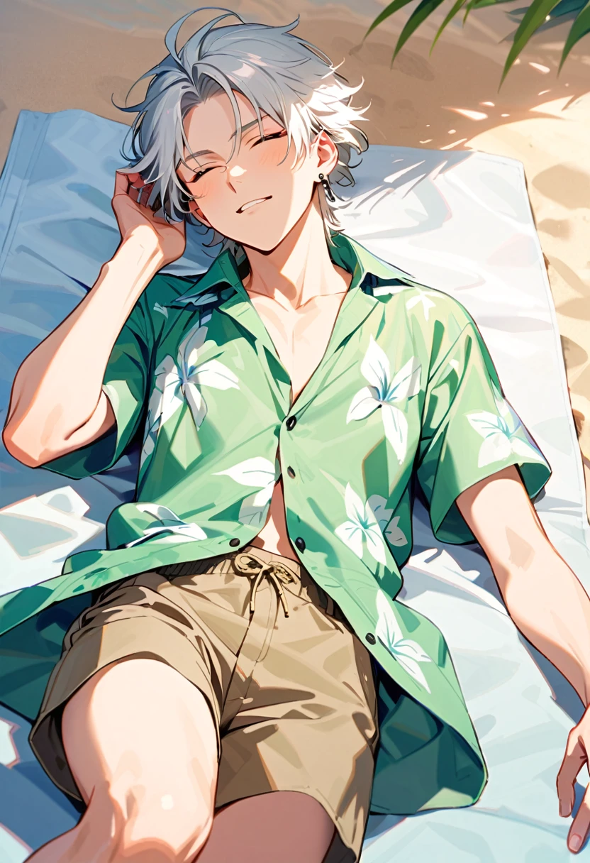 A man, 19-years-old, solo, Caucasian, masculine face, short tousled white hair, eyes closed, relaxed facial expression, light pale green Hawaiian shirt, short sleeves, khaki shorts, small silver earrings, beach, lying on a towel