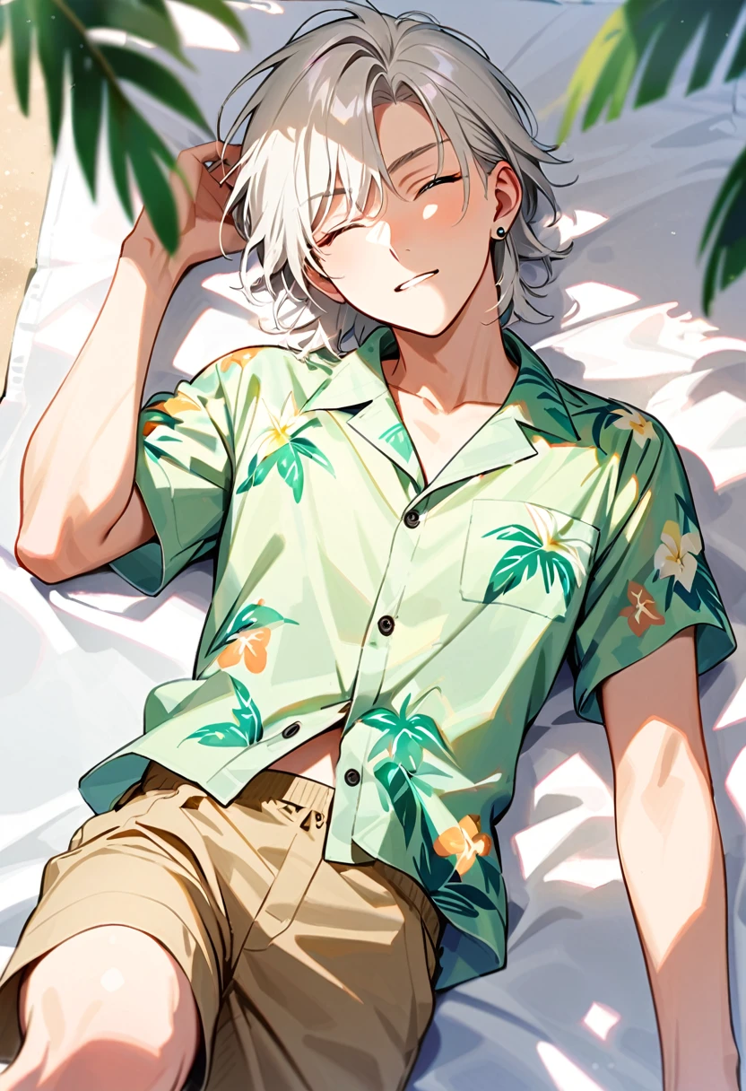 A man, 19-years-old, solo, Caucasian, mature face, short tousled white hair, eyes closed, sleeping, light pale green Hawaiian shirt, short sleeves, khaki shorts, beach, lying on a towel