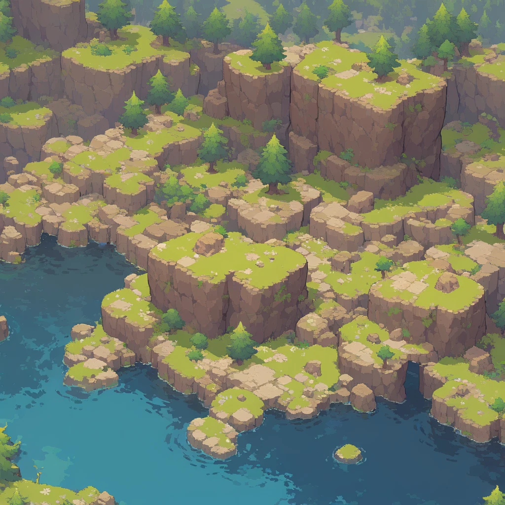 retro video game style,pixelated, vibrant pastel colors,8-bit characters,blocky shapes,sharp lines,detailed shading,classic gaming vibe,nostalgic atmosphere,classic arcade games,masterpiece:1.2,ultra-detailed,illustration style, 2d texture, stone texture, 4 k seamless mud texture, video game texture, dirt texture, tileset, game tiles, grass, 3/4th perspective trees, 3/4th perspective tileable rock texture, 3/4th perspective tileable cliff formations, tileable trees, topdown view, game texture, game art, tileable texture, very detailed cliff texture, intricate stones, top down view, 3/4th perspective