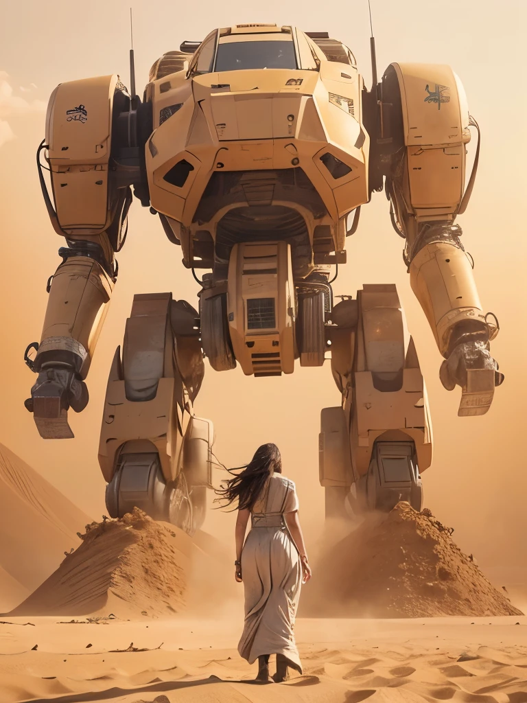 (ultra-detailed), (realistic:1.37), 1woman, beautiful woman, (from back) gorgeous woman, facing giant war robot. 23 years old, desert, sand desert, sandstorm, sand colored dress, floating in wind, giant war robot, war robot, (photorealistic:1.37), Conceptual art, (masterpiece:1.2)