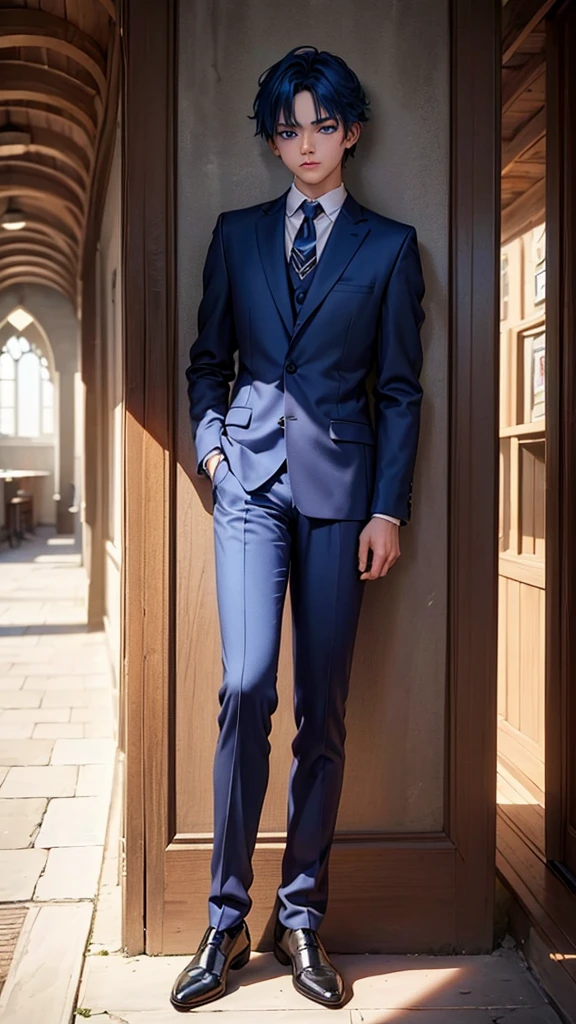 (masterpiece, Best quality, 32 thousand.), (((facing the viewer, full height))), ((full body)), ((teenage man)) with blue hair , ((Blue eyes)), ((medieval classic office suit))