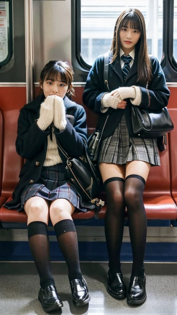 A photo of two adult Japanese high school students wearing leather shoes, duffle coats, and shiny thin black leather gloves.,Inside the train,Voyeur,Thick makeup face,Highly detailed face, Both of them have beautiful legs crossed,The person is making a disgusted face at the photographer..Smelly socks,Girls wearing leather gloves with hands ,Ultra mini skirt,lol,School Bags,This photo was taken in daylight with soft lighting...、The girls are sitting on train seats.。. This photo was taken by someone on their cell phone...、Apparently it was posted on Snapchat..。. 